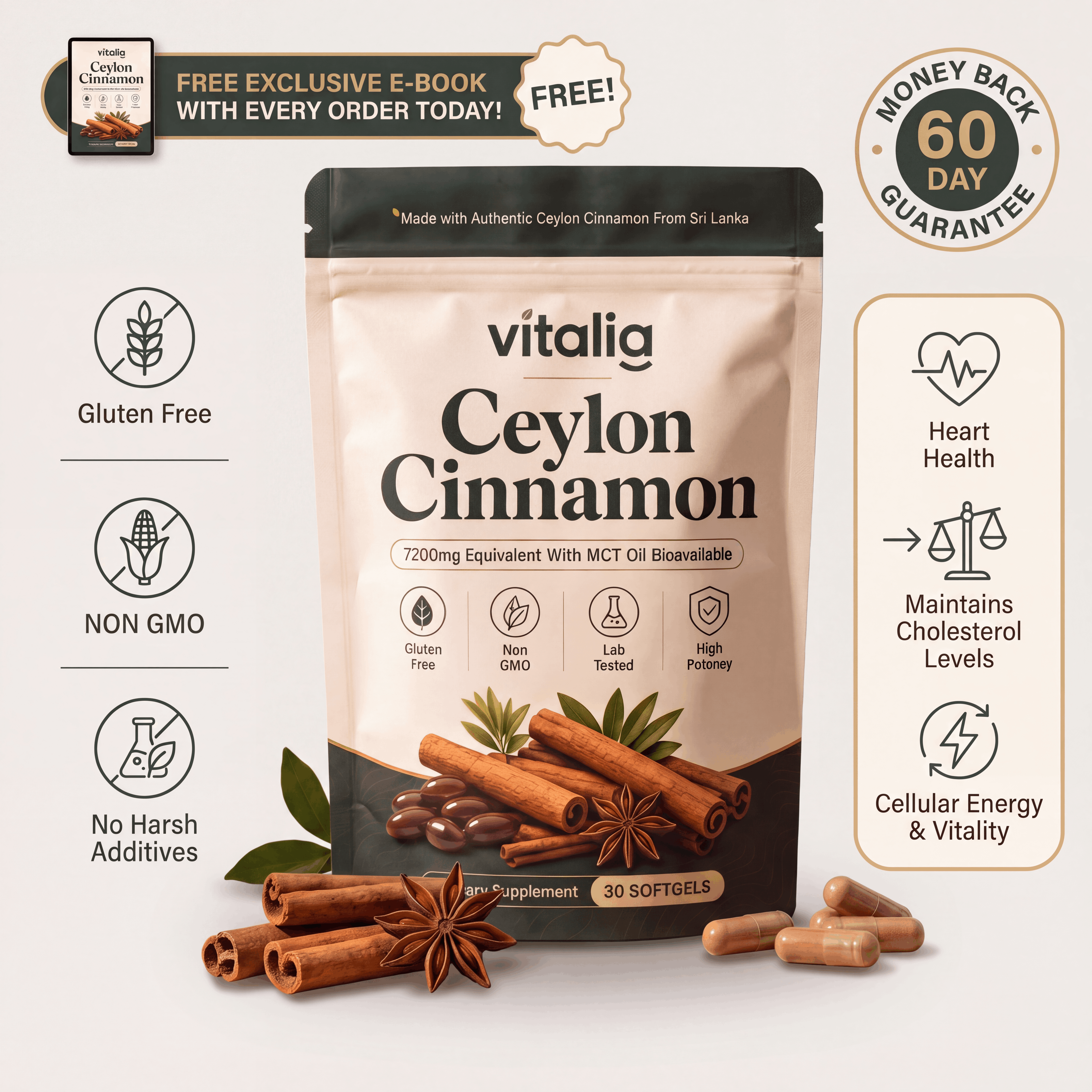 Cannelle de Ceylan équivalente à 7200mg avec de l'huile TCM